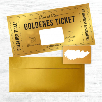 Gutschein Rubbelkarte mit Umschlag – Goldenes Ticket zum selber beschriften – Kreative Geschenkidee für Geburtstag, Freundin, Frauen, Reisegutschein, Kinogutschein